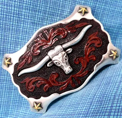 Cowboy Western Scroll Longhorn Belt Buckle Leather Inlay Cowgirl Vtg 90s .MMR490 • $28.98