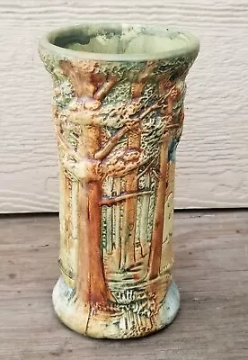 Vtg Weller Forest 1920s Pottery Brown Green Woodland Scene Cylindrical Vase 8  • $79.99