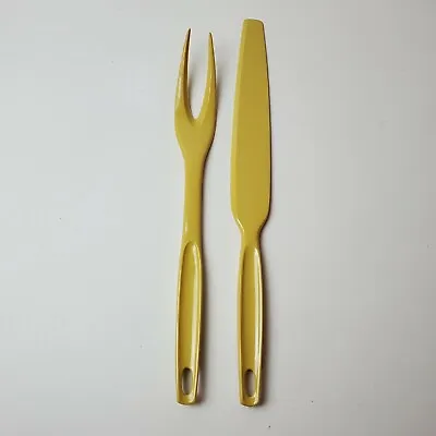 Vintage FOLEY Mustard Yellow Plastic Serving Meat Fork & Meat Knife USA • $15.29