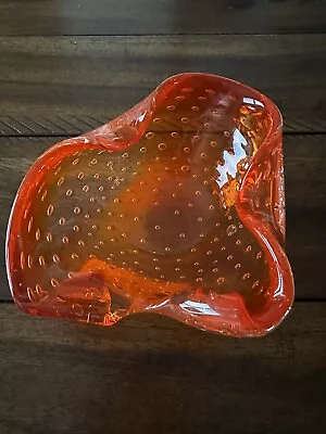 Vintage Amber Art Glass Contolled Bubble Murano Style Ashtray Trinket Dish MCM • $18