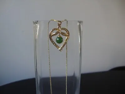 Vintage Open Work Embossed Heart W/dangling Green Jade Bead Gilt Silver Pendant • $19.99