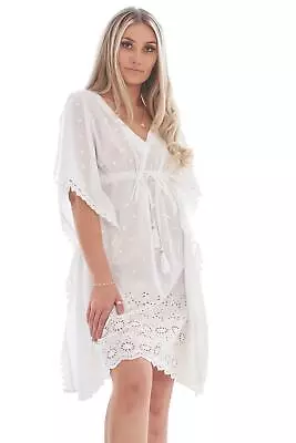 Ladies Kaftan Victorian Style White Cotton Lace Trim Embroidered Crochet Summer • £21.95