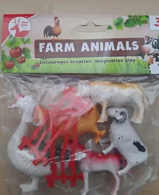 9 X Farm Animals Plastic Toys Model Playset Cow Chicken Horse Fences • £1.99