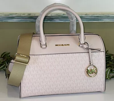 Michael Kors Travel Medium Duffle Satchel Bag Shoulder Mk Powder Blush Pink Logo • $142.99