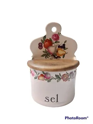 Vtg Porcelaine De Paris Ceramic Wall Hanging Salt Box  W/Wood Lid Floral Cottage • $29