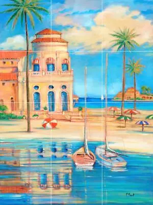 Ceramic Backsplash Tile Mural Beach Scene Seaside - Mediterranean Beach Club 1 • $144