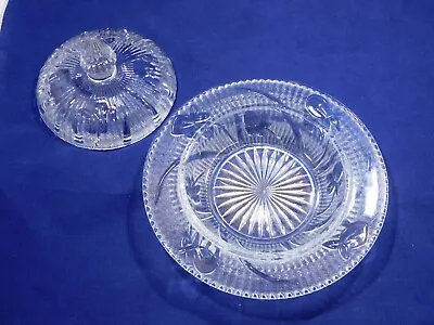 Vintage 2 Pieces Iris & Herringbone Clear Glass Sugar Lid & Butter Dish Base • $11