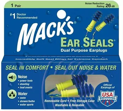 Mack's Ear Seals Dual Purpose Earplugs For Noise & Water Washable 27DB One Pair • $8.87