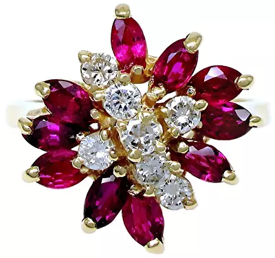 Ladies 14k Yellow Gold Cluster Marques Rubies And Diamond Ring • $1800