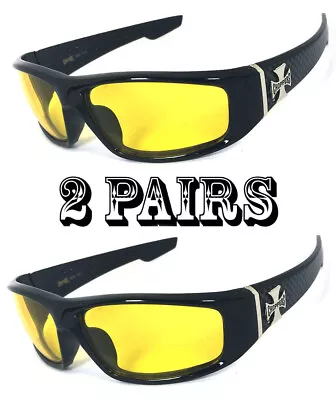 2 PAIR COMBO Chopper Sunglasses Motorcycle Riding Glasses Shiny Black Yellow Len • $14.99