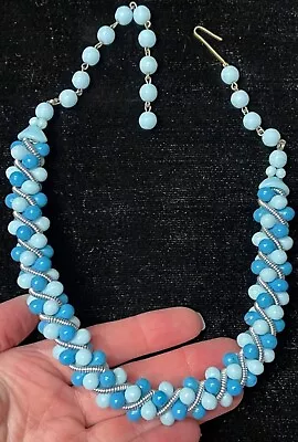 W GERMANY Signed Vintage Blue Milk Glass Bead Necklace Jewelry • $20