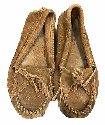 Minnetonka Women’s Sz 7 Slip On Kittie Moccasins Cognac Brown Suede Shoes • £10.79
