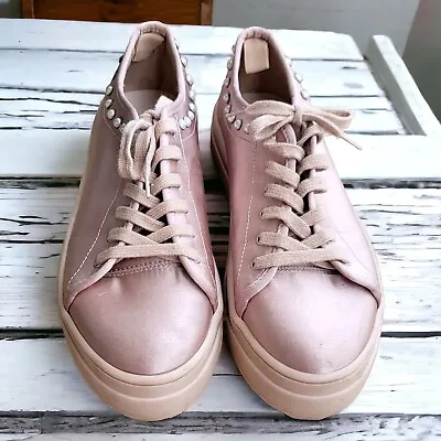 Zara Basic Blush Pink Satin Fabric Pearl Studded Sneaker Shoe Size 10 Used Once • $39