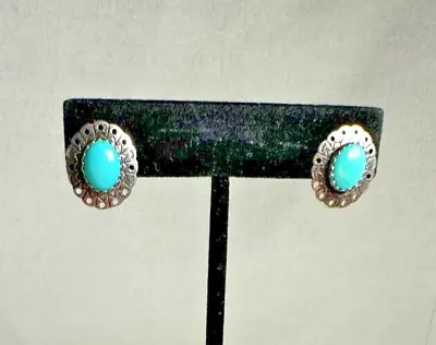 Sterling Silver Turquoise Earrings In Intricate Silver Setting - 5/8  • $19.99