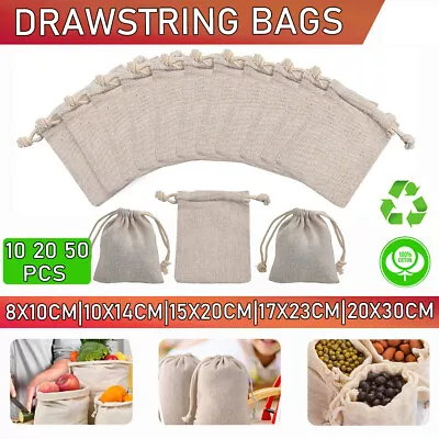 10-50Pcs 5 Size Drawstring Storage Bags Calico Bags Linen Tote Gift Bag Bulk • $12.49