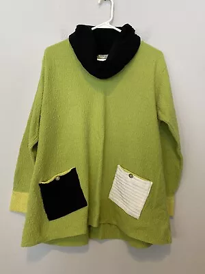 Margaret Winters Sweater Womens Large Green Blk/White Cowl  Neck Pockets Boho • $22