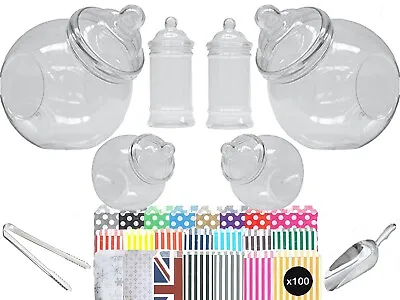 6 Plastic Sweet Jars 100 Bags 1 Scoop 1 Tong Candy Buffet Kit Wedding Party Bday • £15.99