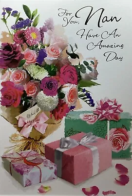 NAN BIRTHDAY GREETING CARD FLOWERS AND PRESENTS 7”x5” FREE P&P • £1.99