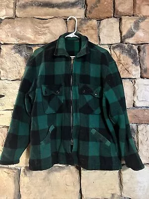 L Big Mike 60s Vintage Wool Checkered Flannel Zip Up Jacket Union Made Green Bla • $45