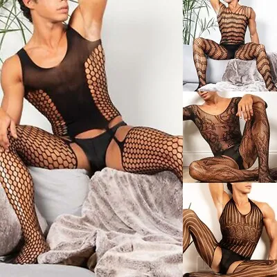 Sensual Men's Transparent Lace Bodysuit Fishnet Bodystocking Nightwear • £8.29