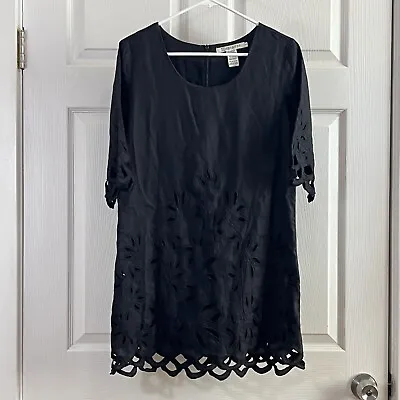 Monoreno Black Dress 100% Linen Cut Out Floral Pattern Long Sleeve Size S Boho • $15.28