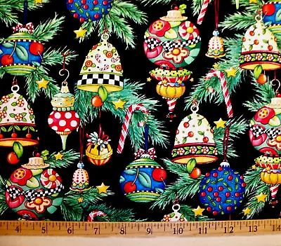 Rare Mary Engelbreit Fancy Christmas Ornaments On Black Cotton Fabric Fq • $12.95