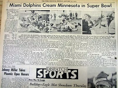 1974 Newspaper MIAMI DOLPHINS Win Football SUPER BOWL VIII Vs MINNESOTA VIKINGS • $30