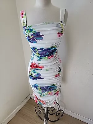 Vintage  Casadei Bodycon  Ruched Dress White Floral Square Neckline Size 8 Small • $89