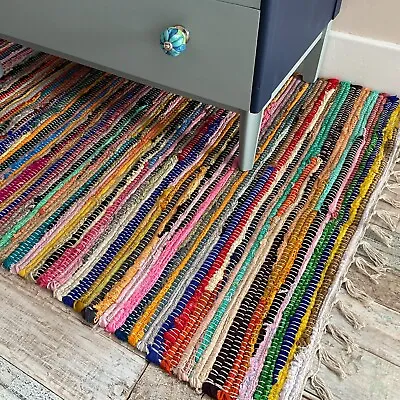 £10 • Buy Rug Rag Rugs Multi Colour Mat Recycled Cotton Hand Woven Chindi Mats Rainbow