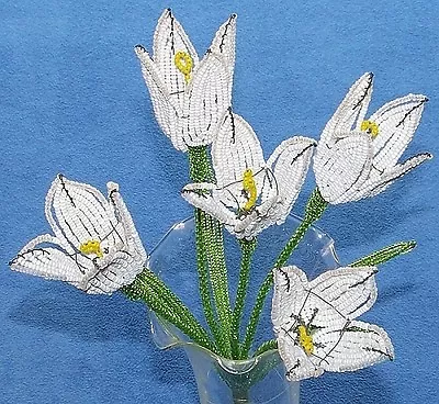 Vintage French Glass Beaded White Tulip (5) Flower Bouquet • $38.99