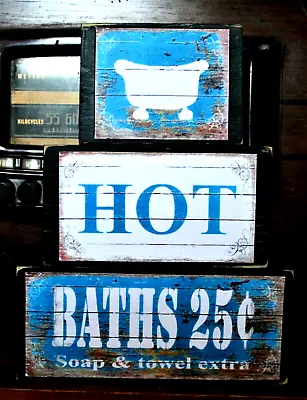 Hot Baths 25 Cents Teal Bathroom Primitive Stacking Blocks Farmhouse Sign Set • £19.24