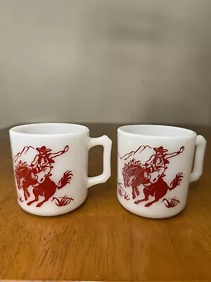 Vintage (2) Davy Crockett Milk Glass Mugs Hazel Atlas Red 1950s Mid Century • $25