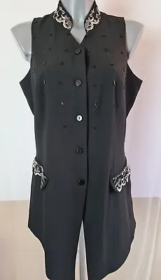 Ladies Black Beaded Longline Waistcoat Top Size 14 J Taylor Button Front • £7.50