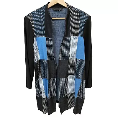 Ming Wang Cardigan Sweater Blue Patchwork Pattern XL Knit Jacket Long Sleeves • $42.88
