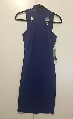 BEBE Halter Bodycon Dress Size 3/4 Cobalt Blue Metallic Sleeveless Knee Length • $14.99