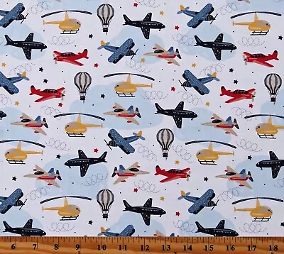 Cotton Airplanes Hot Air Balloons Helicopters White Fabric Print By Yard D679.77 • $12.95