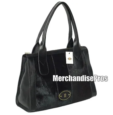 Women's Fossil Vintage Re-issue Black Leather & Animal Hair Satchel Shoulder Bag • $161.95