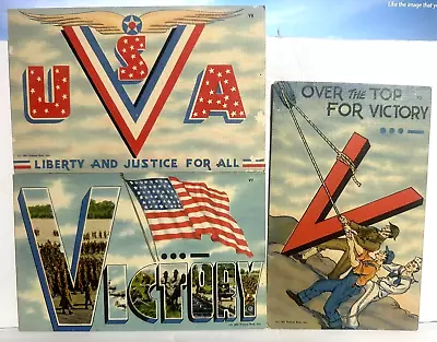 Patriotic WWII Postcard V For Victory Over The Top Military Soldier Sailor Lot 3 • $12.89
