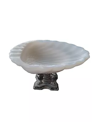 Vintage White Milk Glass Silver Metal Pedestal Soap/Trinket Dish Mid Century • $15