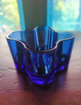 $55 • Buy 1970's Iittala Alvar Aalto Savoy Blue Glass Votive Candle Holder Finnish Finland