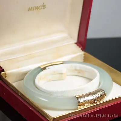 Ming's Hawaii 14k Yellow Pale Green Thick Hinged Jade Bangle Bracelet Signed • $3500