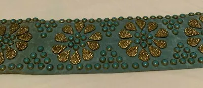 Vintage Belt - Turquoise & Gold Metal On Moire Fabric • $19.99