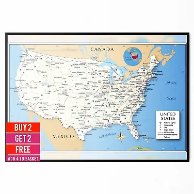 MAP OF USA Poster Detailed Educational Poster Art Print Gift A5 A4 A3 • £5.99