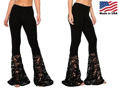 T-Party Women's Black Lace Bell Bottom Flares Yoga Pants LONG Inseam Made In USA • $52