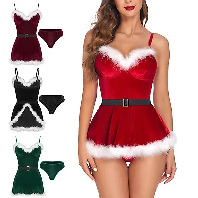 Women's Velvet Mrs Claus Santa Christmas Costume Outfits Dress Bodysuit + Thongs • $13.19