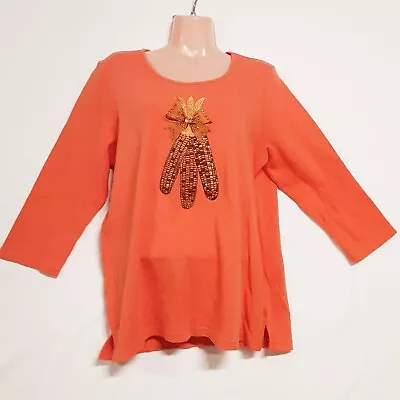 Quacker Factory Women Top Blouse Shirt Size M Orange Embroidered Beaded Cotton • $18.50