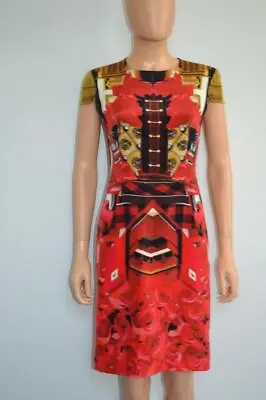 $125 • Buy Mary Katrantzou Red/Gold Multicolored Graphic/Roses Print Silk Dress, UK 10/US 6