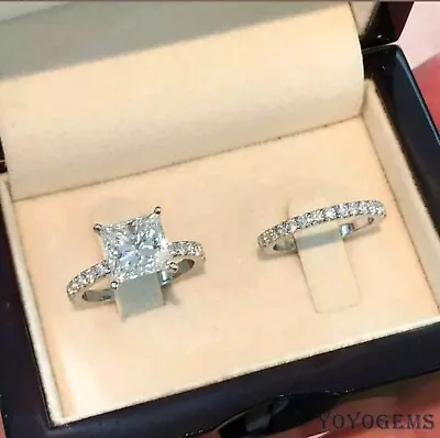 Bridal Set Moissanite Engagement Ring Solid 14K White Gold 3 Carat Princess Cut • $234.03