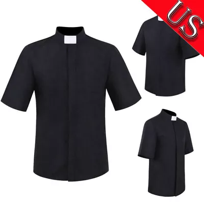 US Men Priest Clergy Shirt Tab Collar Pastor Minister Coat Short Sleeves T Shirt • $8.27