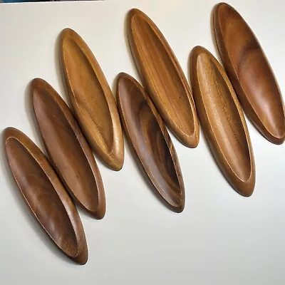 Mid Century Set Teak Boat Tray Serving Wood Dishes Lot Of 7 11” Mcm • $39.99